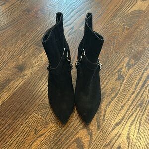 Black suede booties with silver chain and leather heel, size 9, brand Paige
